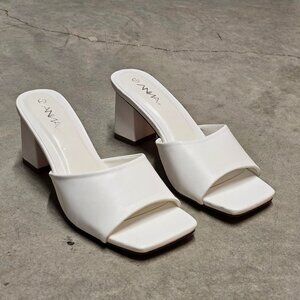 White Block Heel Mules With Open Square Toe Womens Heeled Sandals